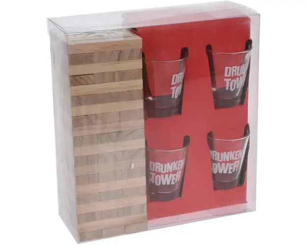 Set 4 pahare + joc interactiv Drink Game, lemn/sticla