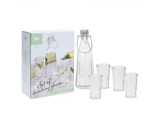 Set 4 pahare si sticla, transparent, sticla