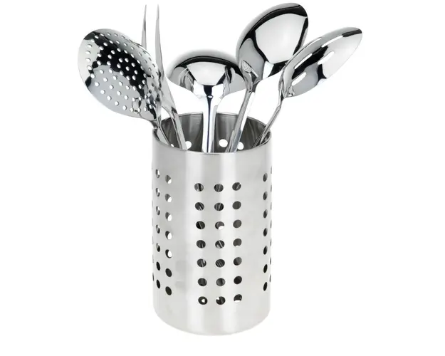 Set 5 ustensile de bucatarie cu suport, 10.5x18 cm, inox