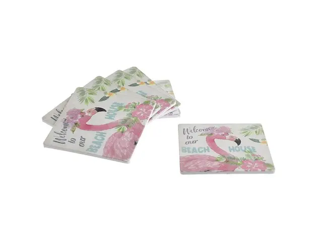 Set 6 suporturi de pahar Flamingo, InArt, 10 x 10 x 4 cm, plastic, multicolor