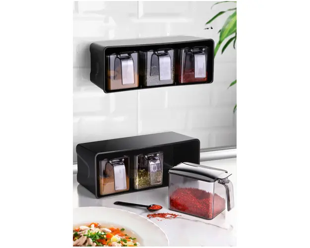 Set recipiente pentru condimente, Kosova, 430KSV4337, Plastic, Negru/Argintiu