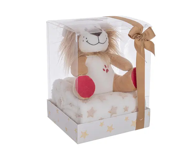 Set cadou pentru copii patura 90x75 cm + jucarie leu 20 cm, Box Star W-Lion, Bizzotto, plus/poliester, bej/alb