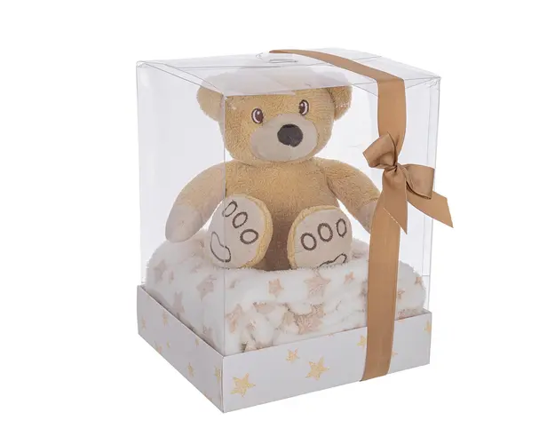 Set cadou pentru copii patura 90x75 cm + jucarie urs 20 cm, Box Star W-Bear, Bizzotto, plus/poliester, bej/alb