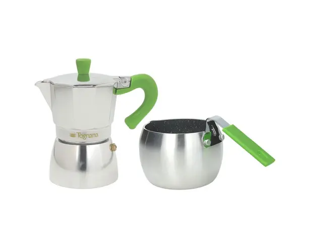 Set cafetiera si fierbator lapte Grancucina, Tognana, aluminiu, argintiu/verde