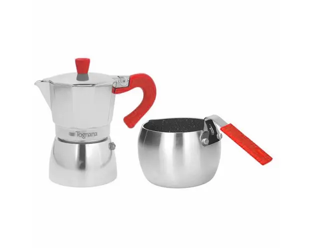 Set cafetiera si fierbator lapte Grancucina, Tognana, aluminiu, argintiu/rosu