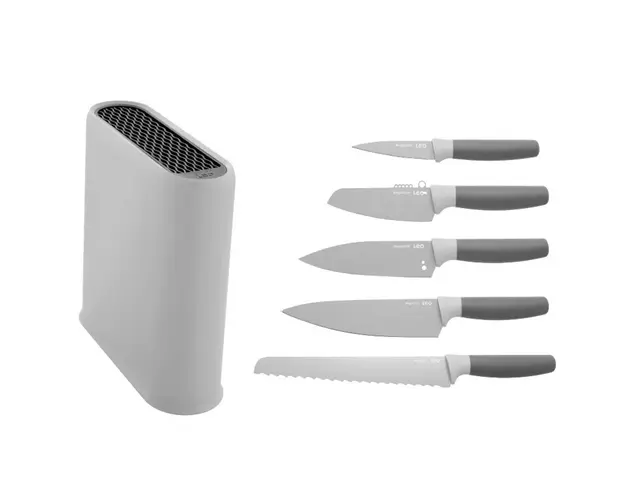 Set cutite si suport 6 piese BergHOFF, Leo, 38.5 x 8.8 x 27 cm, plastic, gri