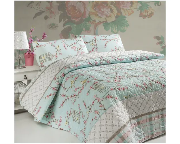 Set cuvertura de pat dubla matlasata, Eponj Home, Birdcage Turquoise, 3 piese, 70% bumbac, 30% poliester, multicolor