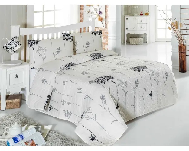 Set cuvertura de pat dubla matlasata, Eponj Home, Efil Beige Grey, 3 piese, 65% bumbac, 36% poliester, alb/negru/gri