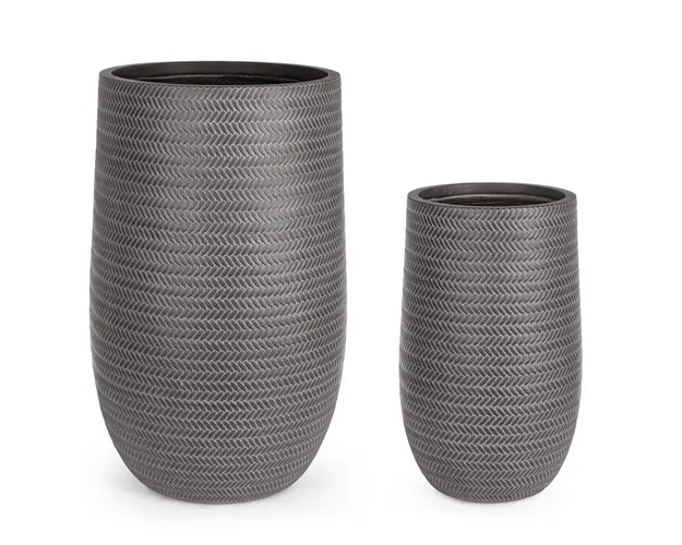 Set ghivece pentru exterior 2 piese Tressage, Bizzotto, Ø47 x 75 cm, fibra de sticla si argila, gri antracit