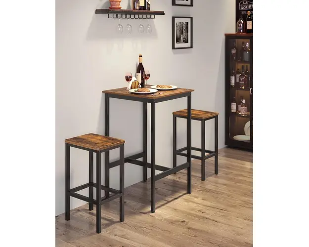 Set masa de bar si 2 scaune Vasagle, 60 x 60 x 90 cm / 30 x 40 x 35 cm, PAL/otel, maro rustic