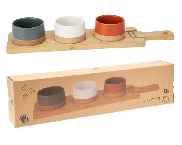 Set pentru servire aperitive 4 piese, Excellent Houseware, 48x12x1.5 cm / 9.5x4.5 cm, bambus/portelan, multicolor