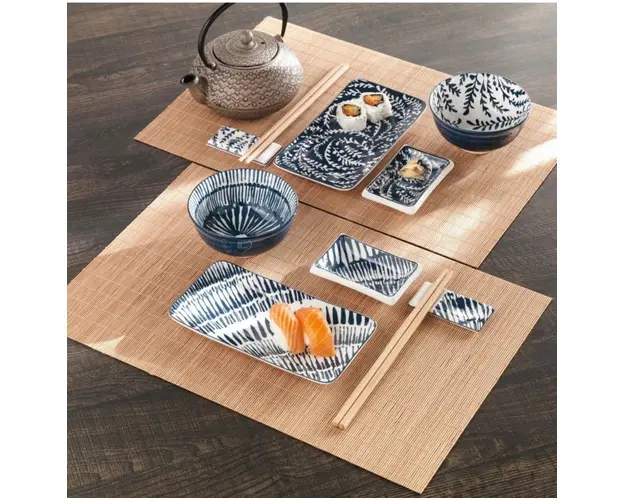 Set pentru sushi 12 piese Brandani, V1 model cu frunze, pentru 2 persoane, portelan/bambus