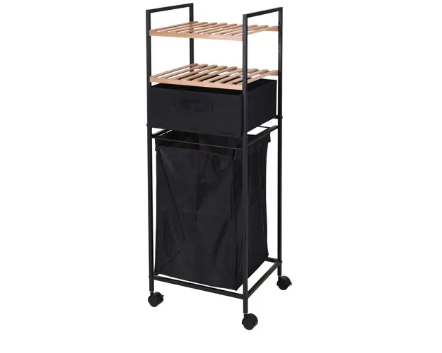 Suport cu 2 rafturi pentru baie si cos de rufe, 38.8x32.5x109 cm, bambus/metal