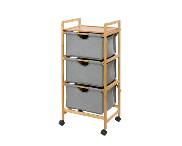 Suport etajat cu 3 sertare mobil Bahari, Wenko, 44 x 96 cm, bambus/poliester/bumbac, natur/gri