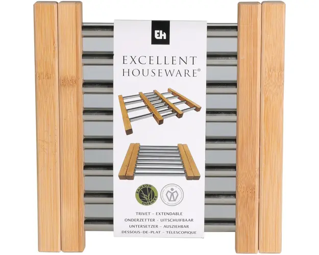 Suport extensibil pentru oale fierbinti, 21.5-34.5x22x2.2 cm, inox/bambus