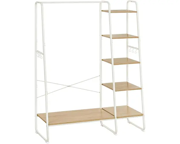 Suport pentru haine cu rafturi si 6 carlige, Vasagle, 120 x 45 x 160 cm, PAL/otel, alb