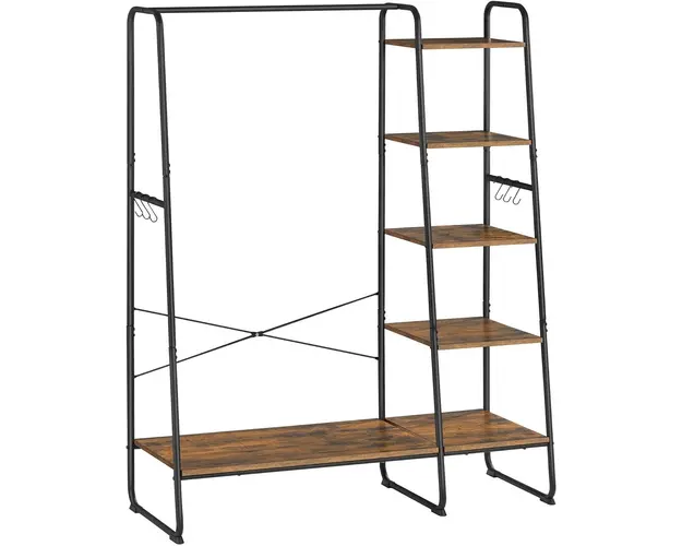 Suport pentru haine cu rafturi si 6 carlige, Vasagle, 120 x 45 x 160 cm, PAL/otel, maro rustic