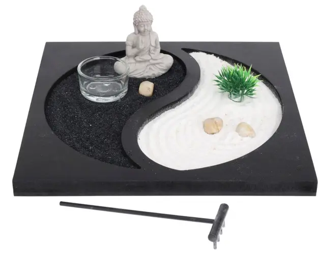 Suport pentru lumanare Buddha yin yang, 23.7x23.7x7 cm, MDF, negru/alb