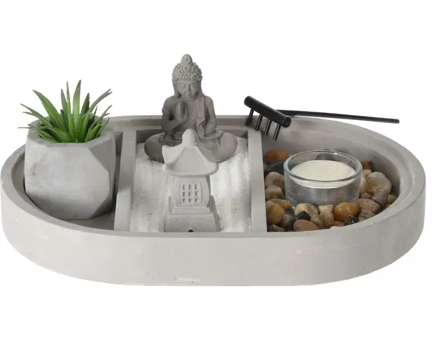 Suport pentru lumanari Buddha zen garden oval, 25x17x9 cm, ciment, gri