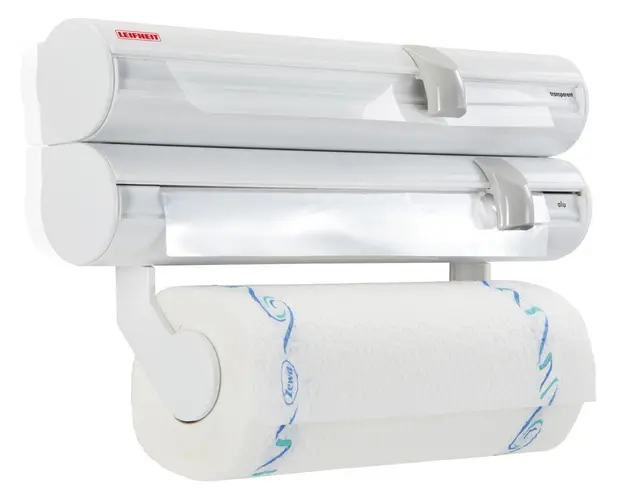 Suport pentru prosoape de bucatarie/folie aluminiu/folie plastic, Leifheit, Rolly Mobil, cu montare pe perete, inox/plastic