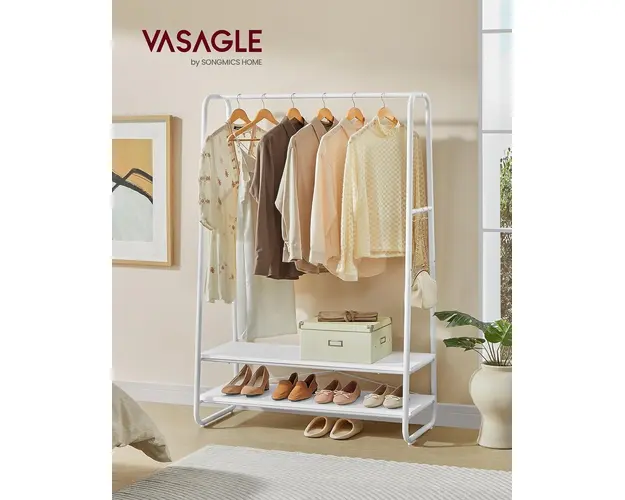 Suport pentru umerase cu 2 rafturi si 6 agatatori, Vasagle, 100x45x160 cm, max. 190 kg, PAL/otel, alb mat