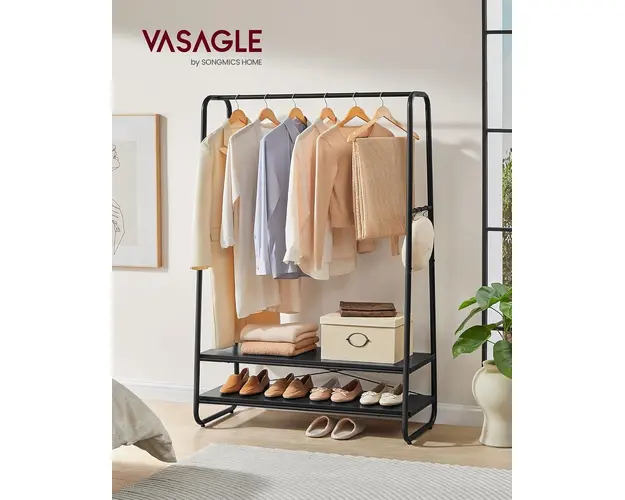Suport pentru umerase cu 2 rafturi si 6 agatatori, Vasagle, 100x45x160 cm, max. 190 kg, PAL/otel, negru mat