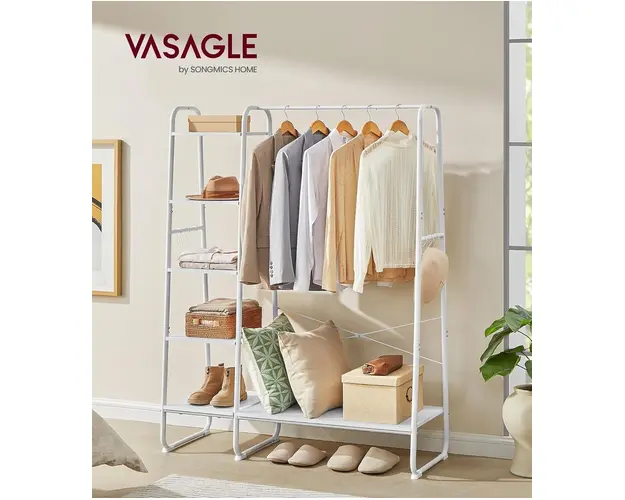 Suport pentru umerase cu 5 rafturi si 6 agatatori, Vasagle, 120x45x160 cm, max. 220 kg, PAL/otel, alb mat