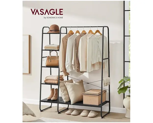 Suport pentru umerase cu 5 rafturi si 6 agatatori, Vasagle, 120x45x160 cm, max. 220 kg, PAL/otel, negru mat