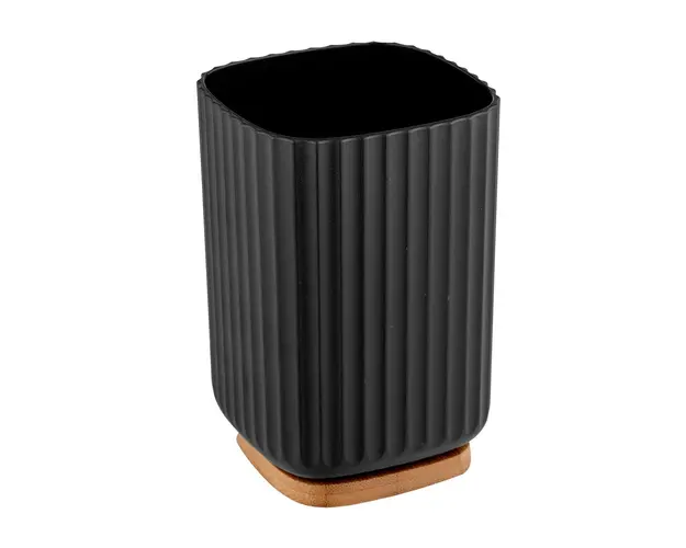 Suport periute si pasta de dinti, Wenko, Rotello, 8.5 x 11 x 8.5 cm, plastic/bambus, negru/maro