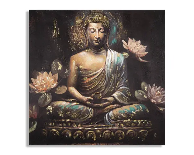 Tablou decorativ, Buddha -A, Mauro Ferretti, 100 x 100 cm, canvas imprimat si pictat/lemn de pin, multicolor