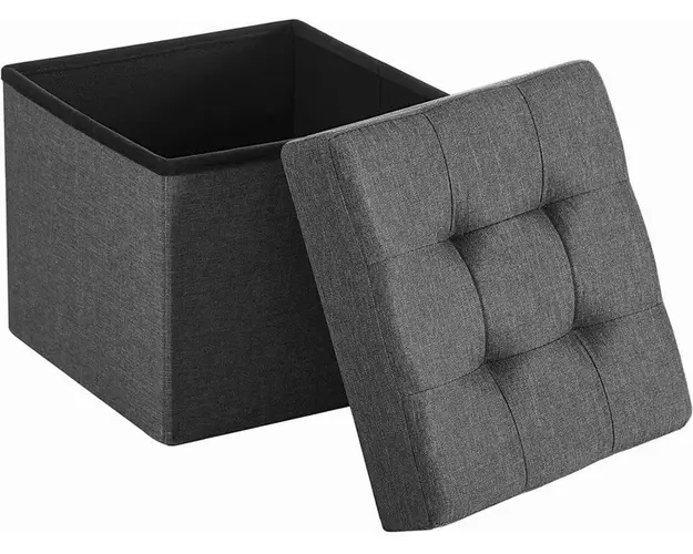 Taburet cu spatiu pentru depozitare Vasagle, 38 x 38 x 38 cm, tesatura aspect in/MDF, gri inchis