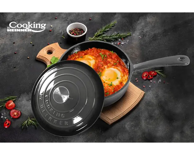 Tigaie adanca cu capac Marble, Cooking by Heinner, 24x8 cm, 2.5L, fonta emailata, gri
