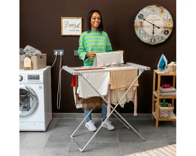 Uscator de rufe electric, pliabil, Dryak, InnovaGoods, 8 Bare, 120 W, 94 x 95 x 50 cm, 12 kg haine, aluminiu, gri