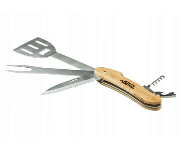 Ustensila multifunctionala pentru gratar 5 in 1 BBQ, inox/lemn