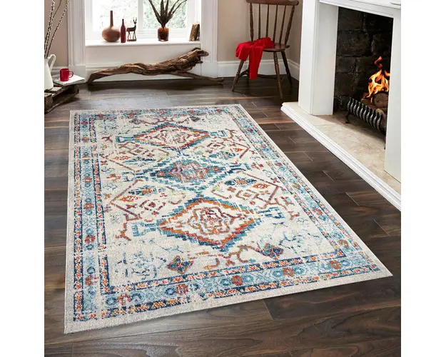 Covor, Vintage 7661 , 200x290 cm, Polipropilena, Alb / Turcoaz