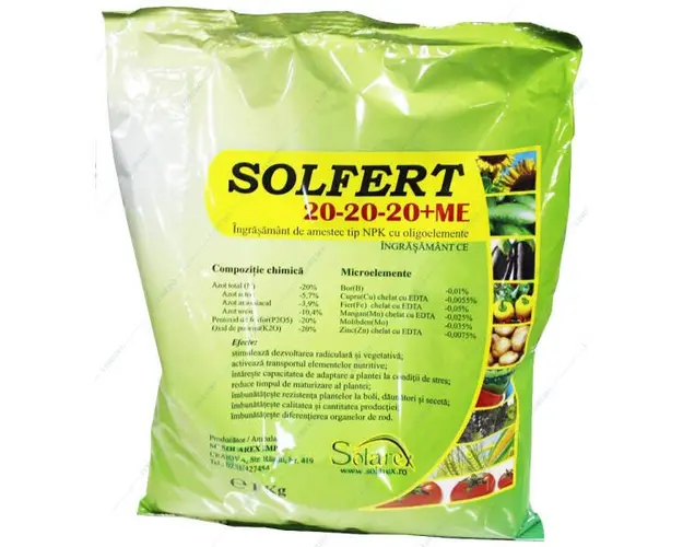 Solfert 20-20-20+ME 1 kg, ingrasamant foliar echilibrat tip NPK+ microelemente (Bor, Cupru, Fier, Mangan, Molibden, Zinc), stimuleaza dezvoltarea radiculara si vegetativa, imbunatateste calitatea si cantitatea productiei