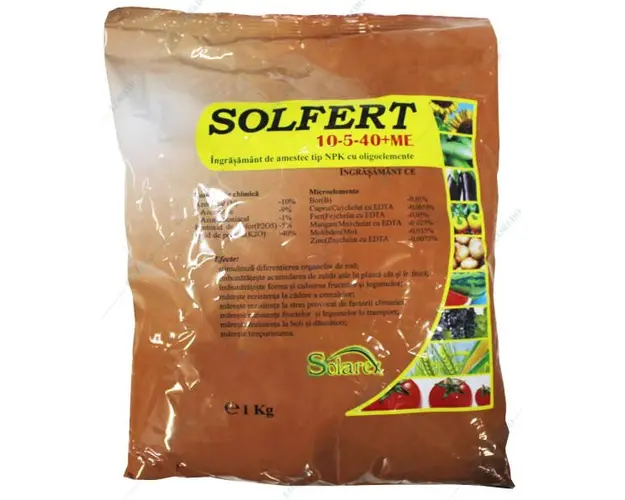 Solfert 10-5-40+ME 1 kg, ingrasamant tip NPK+ microelemente, Solarex, imbunatateste acumularea naturala de zahar in fruct, imbunatateste forma si culoarea fructelor si legumelor, mareste timpurietatea