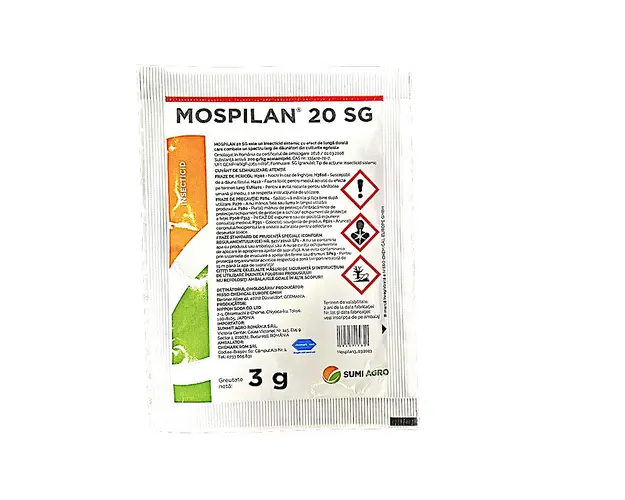 Mospilan 20SG 3 gr insecticid sistemic Nippon Soda (cartof, grau, porumb, ardei solarii, castraveti solarii, varza, ceapa, mar, prun, par, rapita, vita de vie)