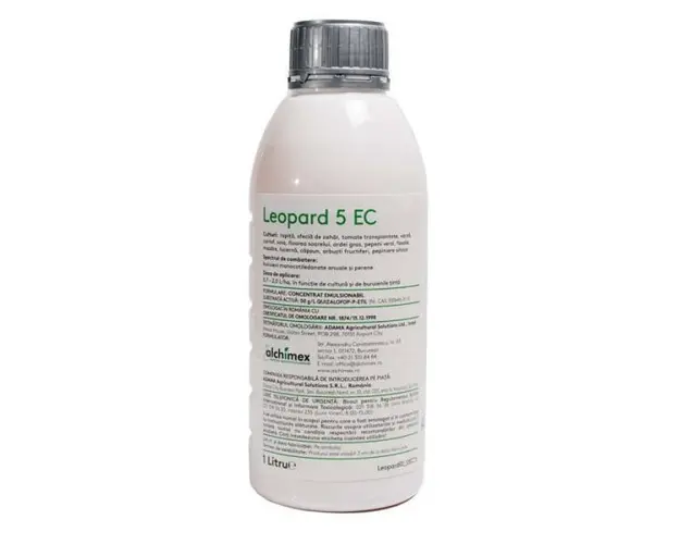Leopard 5EC 1L, erbicid postemergent (buruieni monocotiledonate anuale si perene in culturile de rapita, sfecla de zahar, tomate, aredi gras, varza de toamna, cartof, floara soarelui, pomi fructiferi, capsun, pepeni verzi)