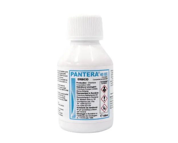 Pantera 40EC 100 ml, erbicid buruieni graminee anuale si perene, Arysta (vita de vie, ardei, bostan, cartof, castraveti, dovleac, fasole, floarea soarelui, morcov, pepeni, rapita, soia, telina, varza, tomate)