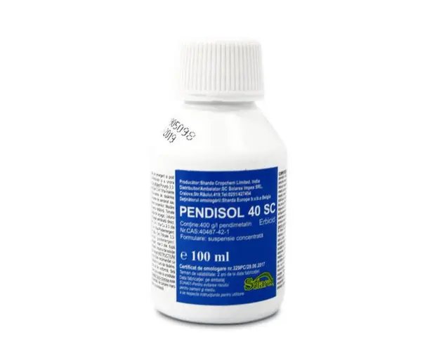Pendisol 40SC 100 ml, erbicid selectiv, Sharda, buruieni monocotiledonate anuale/ dicotiledonate anuale in cultura de floarea soarelui, vita de vie, soia, fasole, mazare, capsuni, tomate, ceapa, brasicacee, grau, orz, triticale