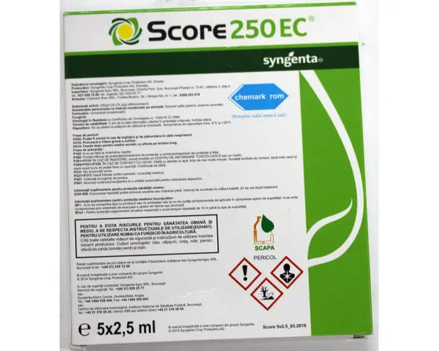 Score 250EC 2,5 ml, fungicid sistemic, Syngenta, Rapan, Monilioza, Fainare, Alternarioza, Basicarea frunzelor; (cais, capsun, cires, mar, piersic, rapita, sfecla zahar, tomate, visin)