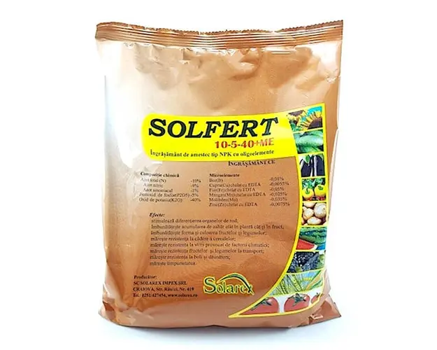 Solfert 10-5-40+ME 20 kg, ingrasamant tip NPK+ microelemente, Solarex, imbunatateste acumularea naturala de zahar in fruct, imbunatateste forma si culoarea fructelor si legumelor, mareste timpurietatea