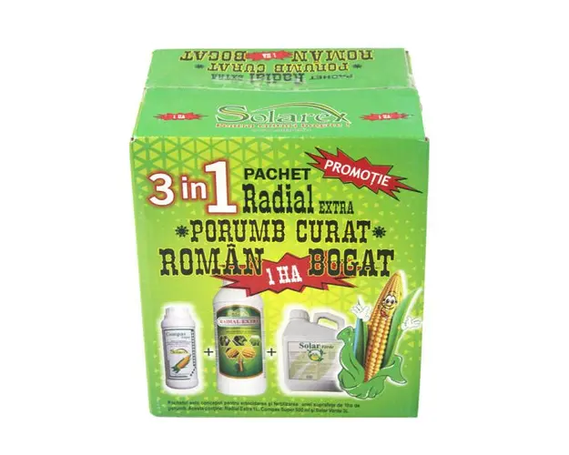 Pachet Radial Porumb curat 1 Ha, Solarex, contine erbicid pentru buruieni monocotiledonate si dicotiledonate (Radial Extra+ Compas Super) si ingrasamant foliar (Solar Verde)