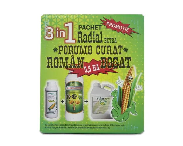 Pachet Radial Porumb curat 0.5 Ha, Solarex, contine erbicid pentru buruieni monocotiledonate si dicotiledonate (Radial Extra+ Compas Super) si ingrasamant foliar (Solar Verde)