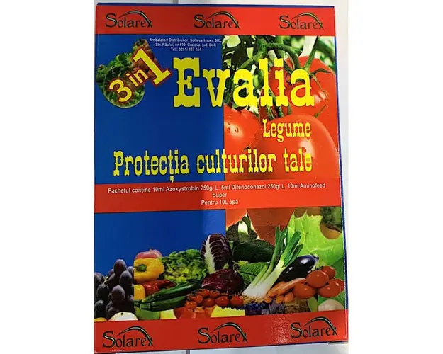 Pachet Evalia Legume pt 10L apa, Solarex, contine fungicid (Evalia+ Difcor) si ingrasamant foliar (Aminofeed Super) pentru legume, mar, par, gutui, piersic, cais, prun, leguminoase, rapita, arbori ornamentali
