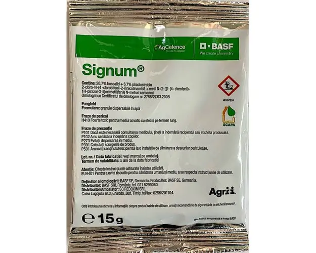 Signum 15 gr, fungicid sistemic, BASF, putregai brun si mumificarea fructelor (cais, piersic, cires, visin, prun), putregai cenusiu si fainare (tomate), alternarioza (morcov, varza), putregai cenusiu (varza, ardei, vinete, praz, capsun)