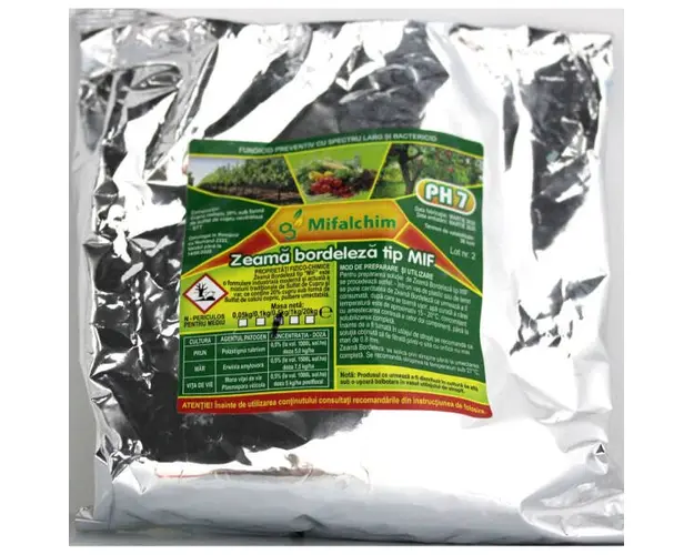 Zeama Bordeleza tip MIF 500 gr, fungicid de contact cupric, Mifalchim, mana (vita de vie, castraveti, tomate, ceapa), rapan (mar, par), monilioza (prun, cires, visin, piersic)