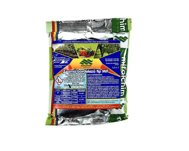 Zeama Bordeleza tip MIF 100 gr, fungicid de contact cupric, Mifalchim, mana (vita de vie, castraveti, tomate, ceapa), rapan (mar, par), monilioza (prun, cires, visin, piersic)