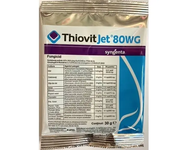 Thiovit Jet 80WG 30 gr, fungicid de contact pe baza de Sulf, Syngenta, fainare (ardei, cais, castraveti, orz, triticale, secara, dovleac, mar, morcov, nectarin)